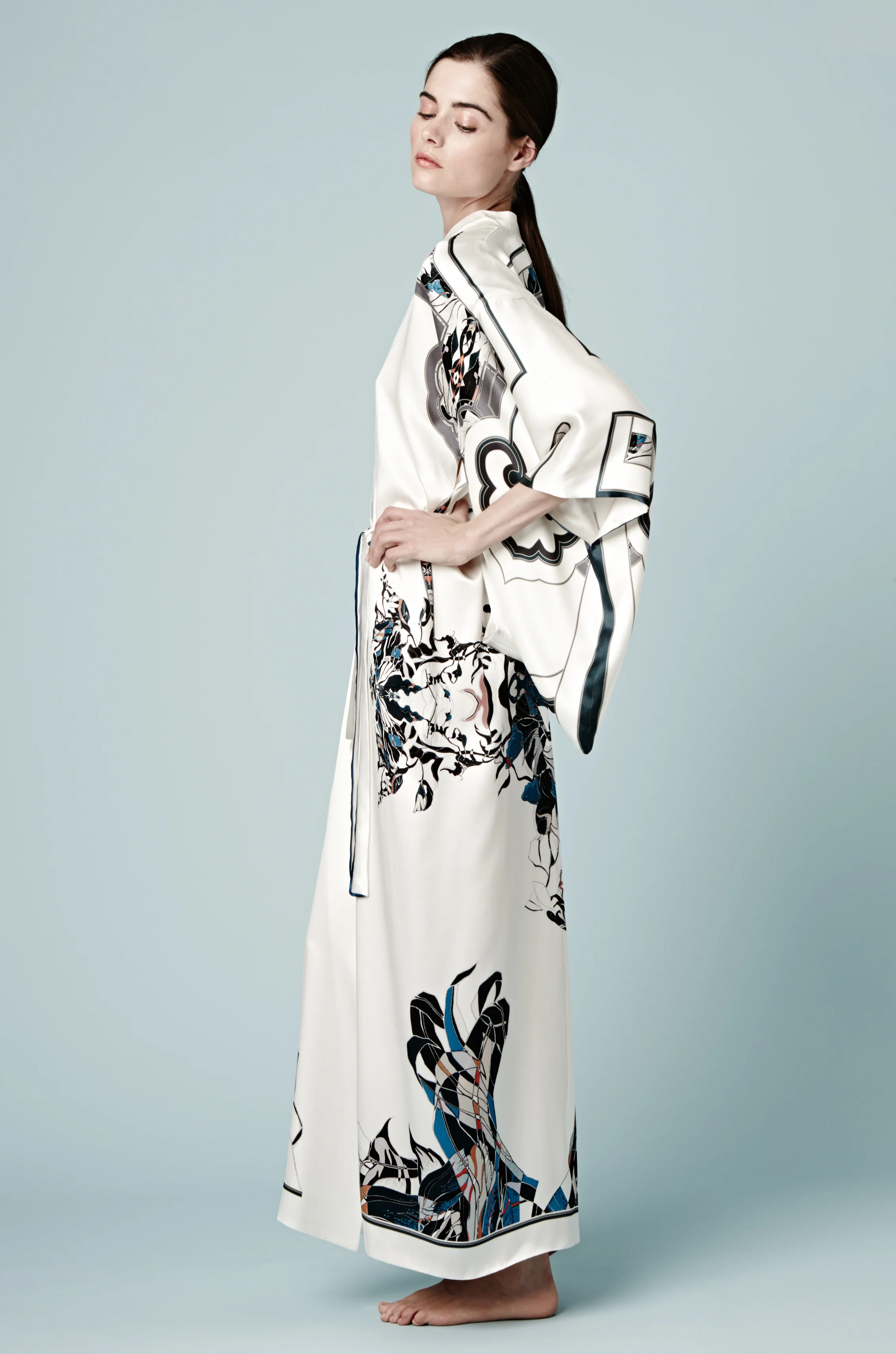 MENG White Kimono with Intricate Dark Details Campaign Shoot