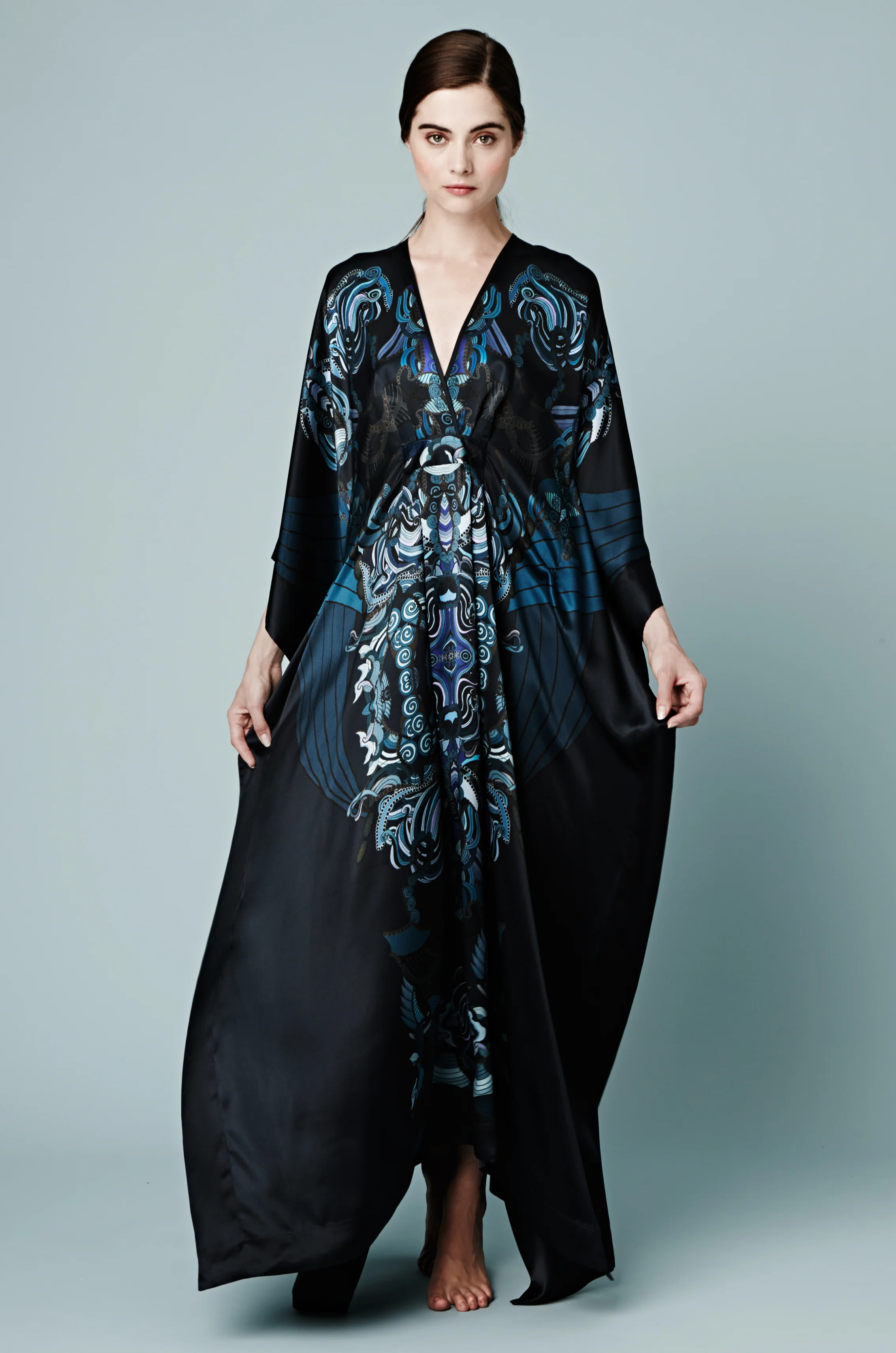 MENG Womenswear Dark Kimono with Blue Details