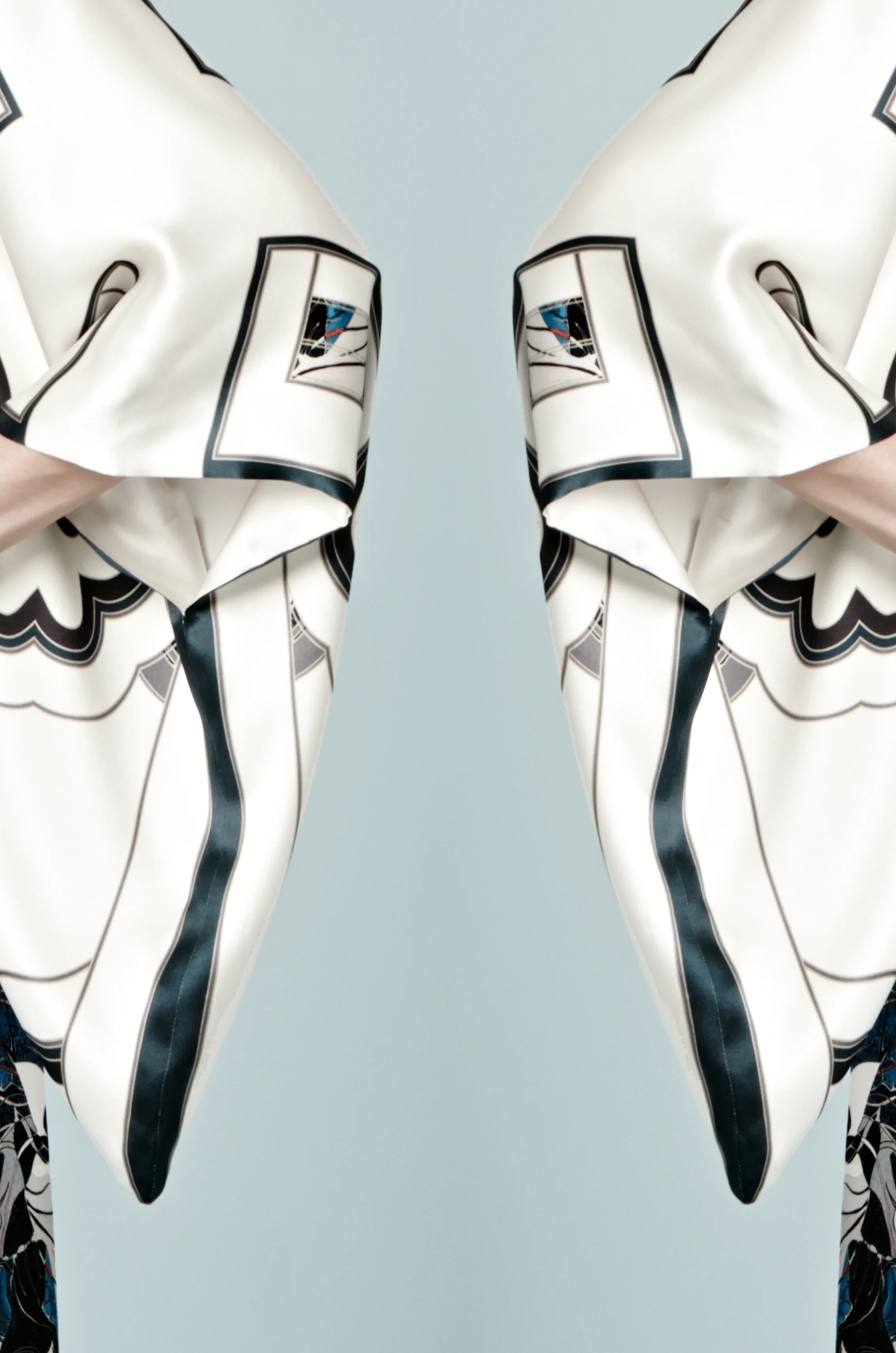 MENG Symmetry Close up of White Silk Kimono with Black Linear Details