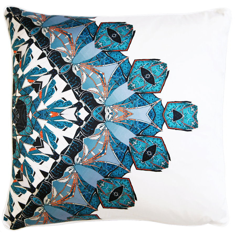 An intricate network of symmetrical shell shapes are geometrically arranged on the silk to create a jewel-like effect. The intense blue tones give this Coral print a stylish and contemporary yet timelessly elegant look.