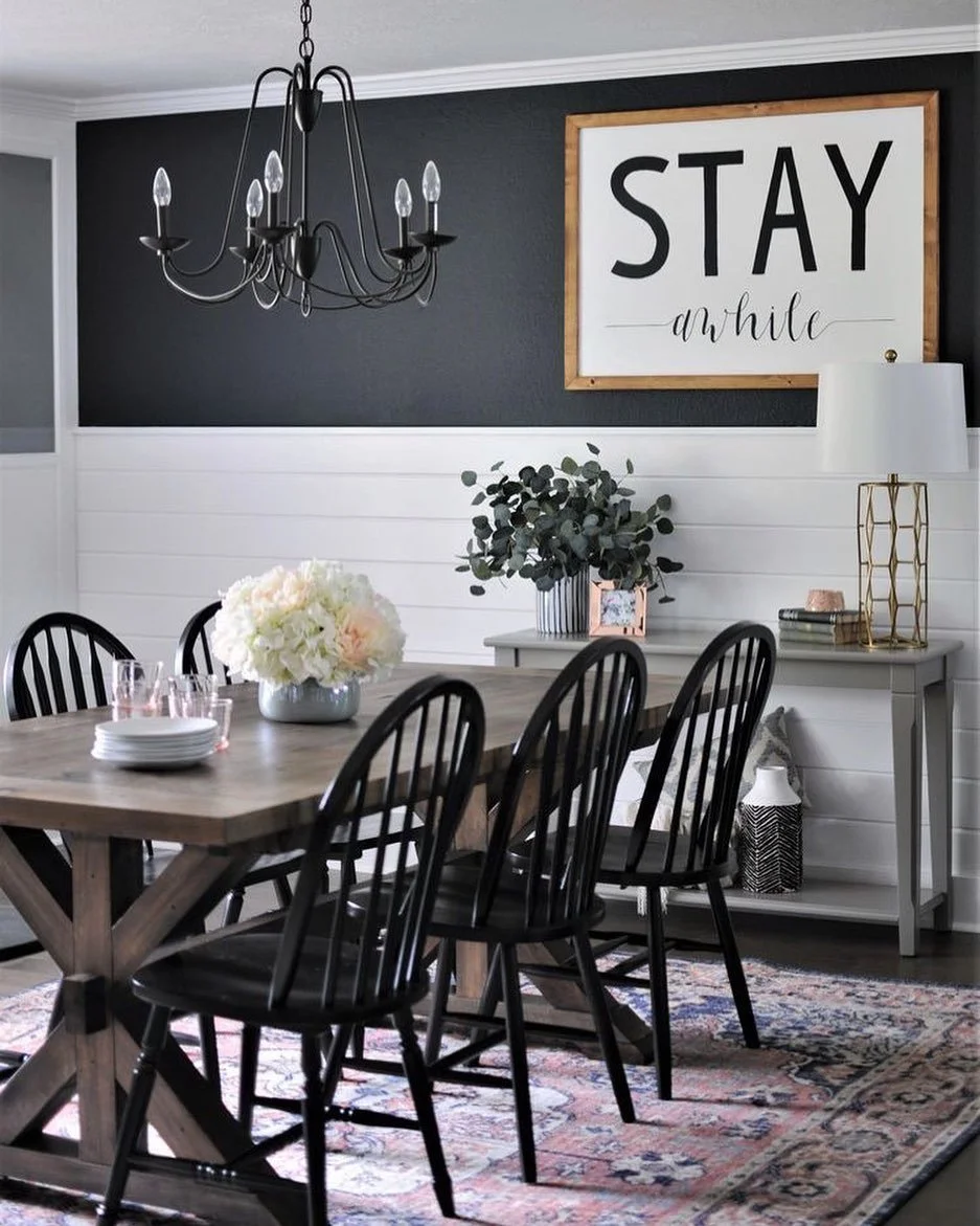 Stay awhile 🖤 
#homeredefined#livingroomdecor#farmhousediningroom#benjaminmoore#rusticdecor#farmhouse#diningtable#interiordesign#edesign