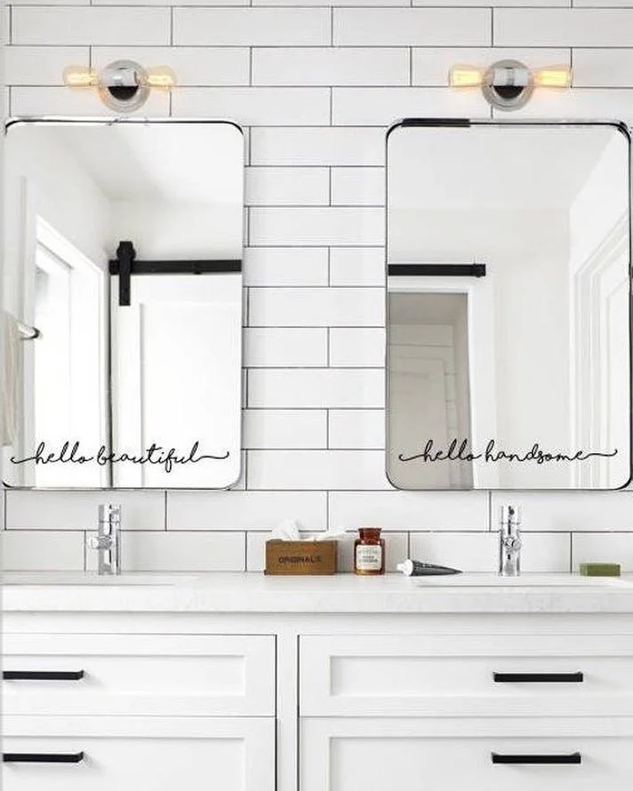 The cutest mirrors 🖤🖤 hello beautiful- hello handsome! 
#homeredefined#bathroominspo#bathroomdesign#mirrors#whitecabinets#homedecor#hellobeautiful#hellohandsome#edesign