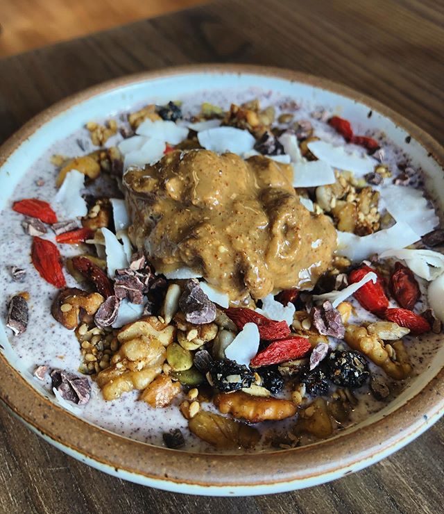 Come try our new organic Yogurt Bowl with grass-fed yogurt, a&ccedil;a&iacute;, grain free granola, cacao nibs, coconut, goji berries, and almond butter!