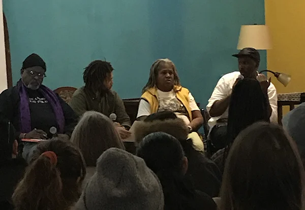 Çaca Yvaire speaking on a panel at Land in Black Hands. L-R: Ed Whitfield, Co-Managing Director of the Fund for Democratic Communities; Çaca; Karen Washington, founder of Rise & Root Farm; and Jalal Sabur of Wildseed.