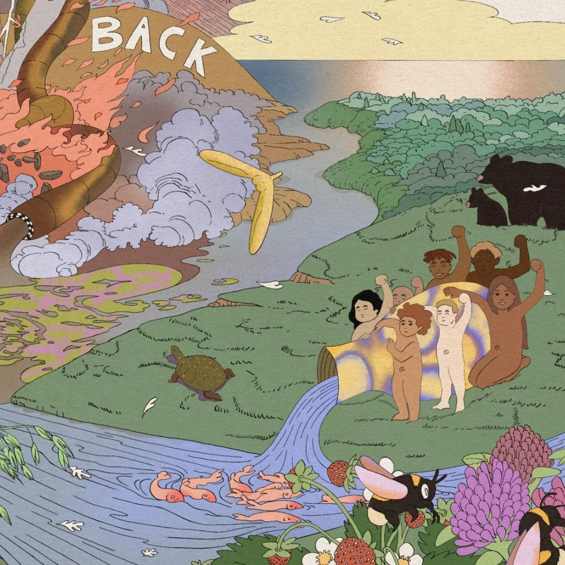 This drawing of a community pouring clean water to reclaim a polluted stream is from the New England Farmers of Color Land Trust policy and partnership program on climate justice.