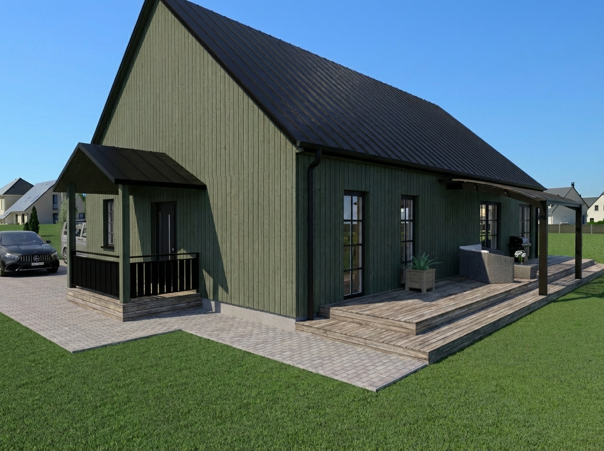 Green wooden house with a black metal roof, a porch with outdoor seating, and a paved driveway with cars, in a suburban neighborhood with other houses and green lawns.