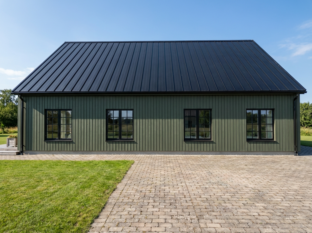 Green building with black roof, four windows, and brick driveway surrounded by grass, under a blue sky.