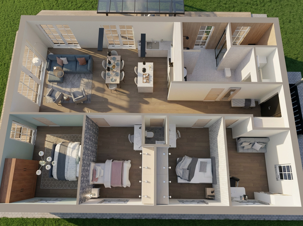 Top-down view of a modern house layout showing three distinct bedrooms, a living room, a kitchen with dining area, and a bathroom, all with large windows and interior decor.