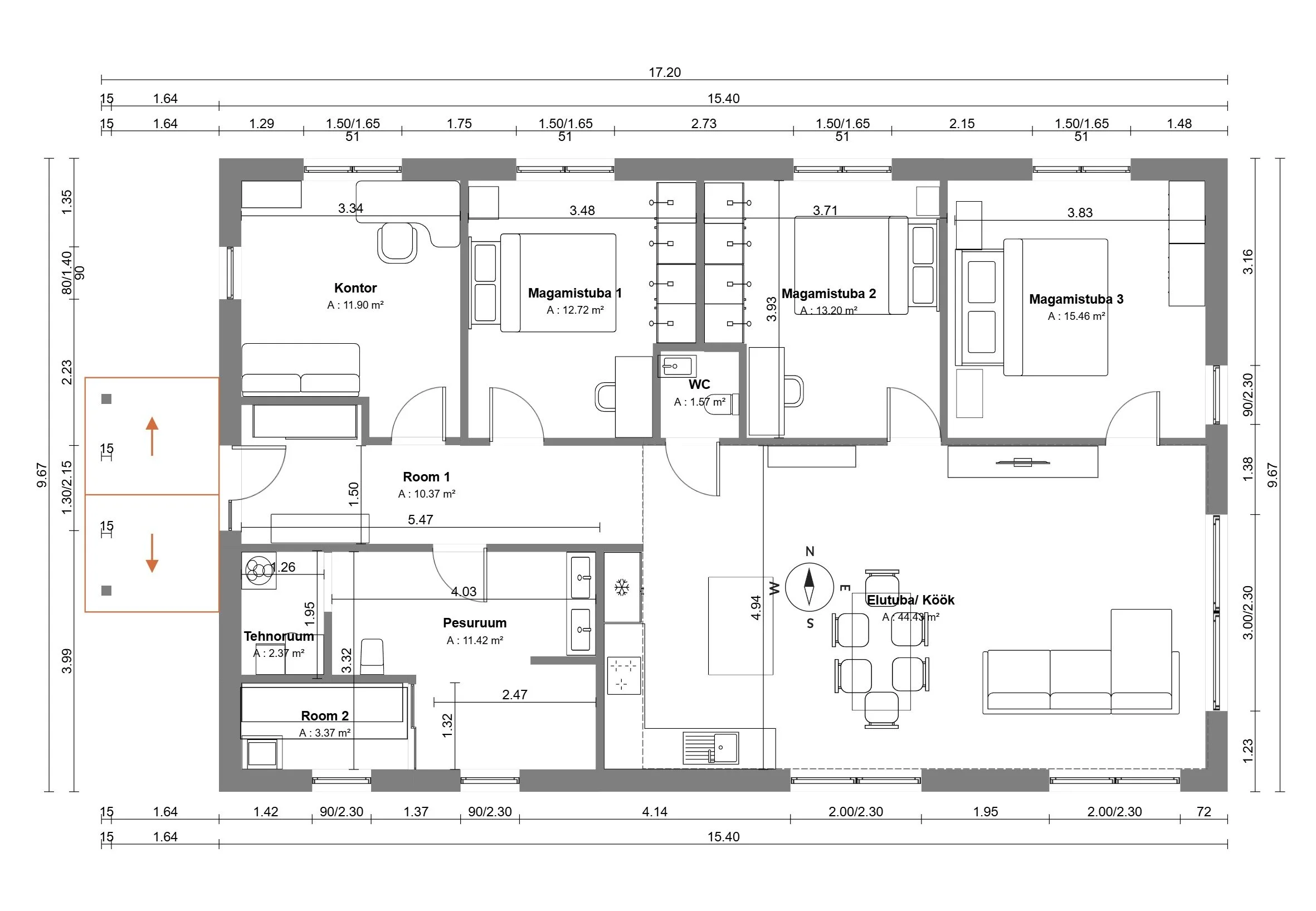 Floor plan of a house showing multiple rooms, including a living room with a sofa and dining area, three bedrooms labeled Magamistuba 1, 2, and 3, a kitchen with a dining table, a bathroom, a laundry room, and additional rooms labeled Kontor, Room 1,
