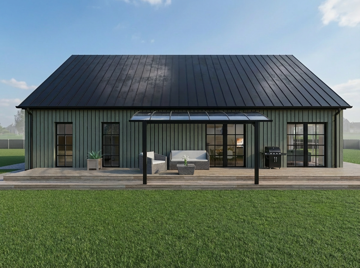 Front view of a modern house with green vertical siding, large glass windows and doors, a wooden deck, outdoor furniture, a barbecue grill, and a clear sky.