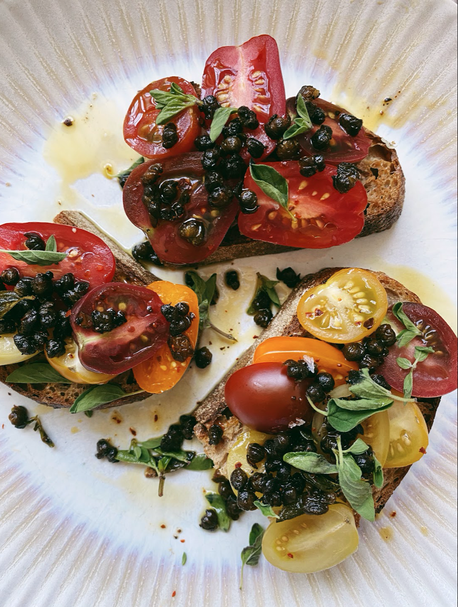 tomato toast with fried capers