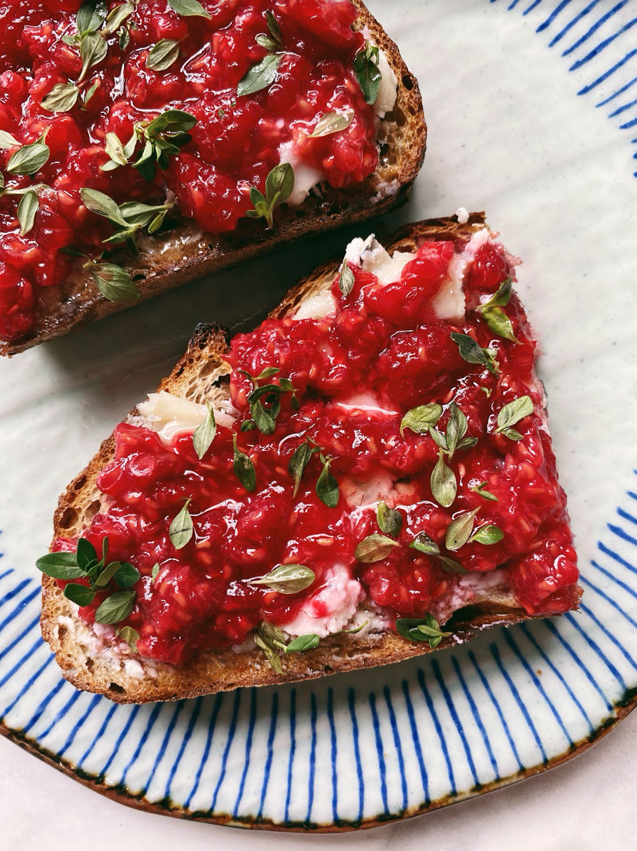 goat cheese &amp; smashed raspberry tartine