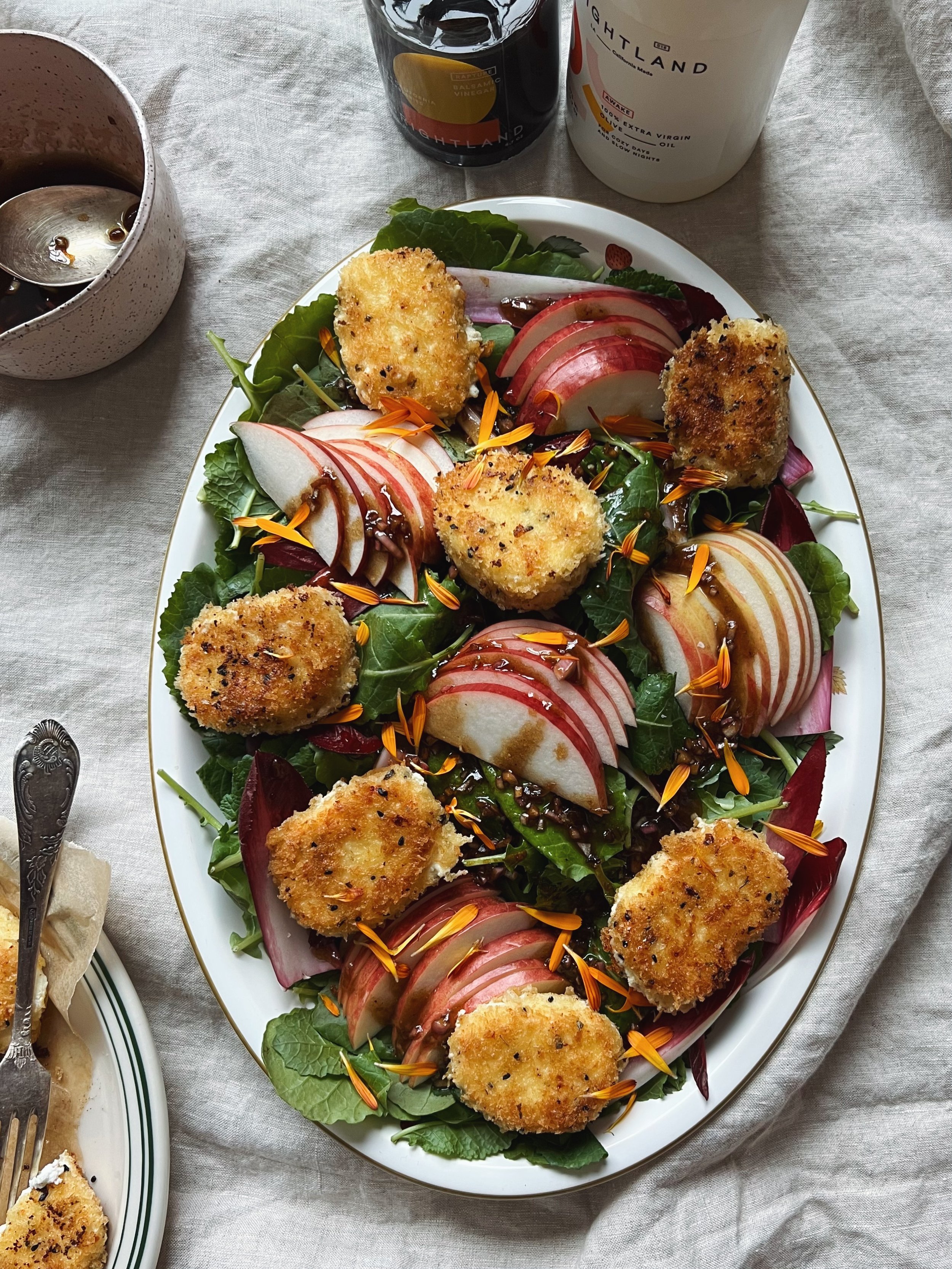 baby kale salad with fried goat cheese