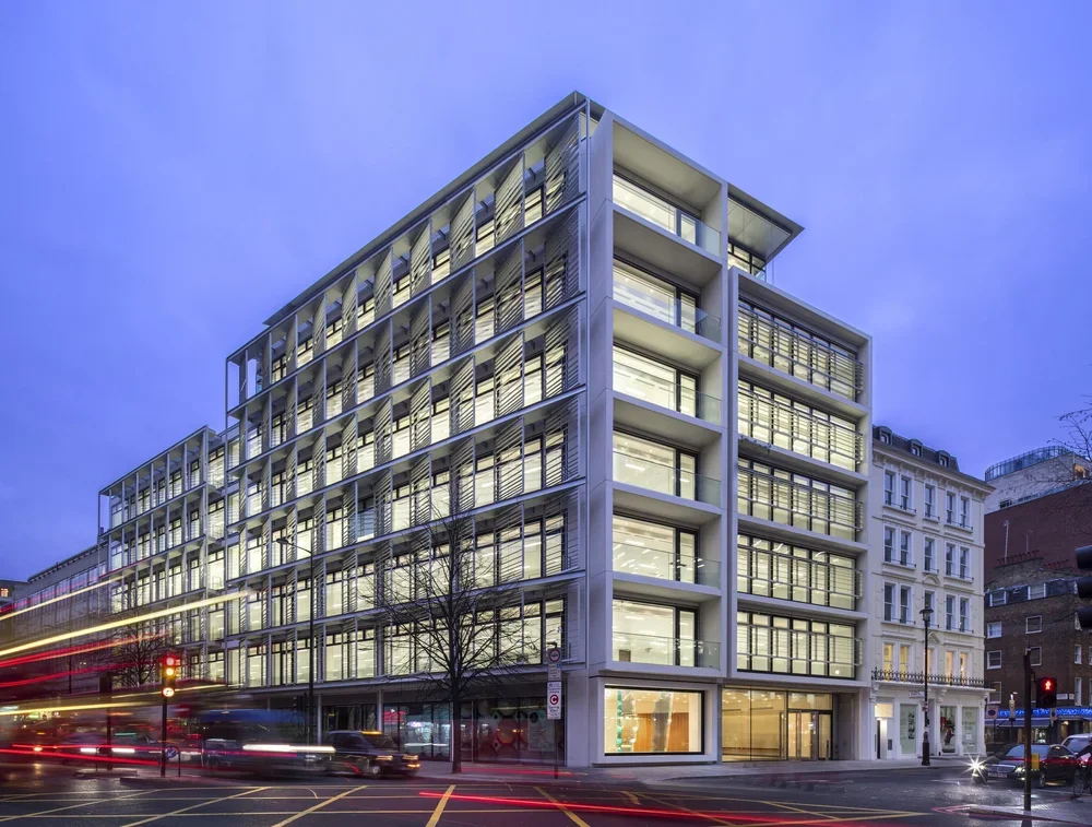   Marble Arch House  employs a progressive approach towards sustainability with brise-soleil on the west façade to reduce overheating, balanced with high levels of natural daylight to reduce artificial lighting use. The long-term sustainability strat