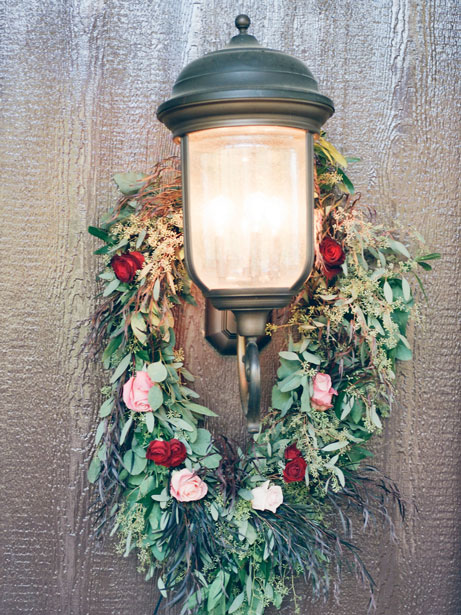 Lantern with Maroon Wreath Florals