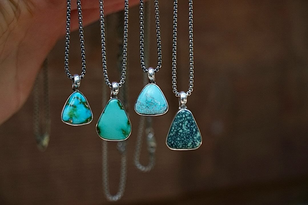 Of course I had to throw in a few turquoise and variscite pendants!
&bull;
Each stone was hand cut by me, and set it Sterling sterling silver. Each one is also one of a kind! From left to right, the stones are: Sierra Bella Turquoise, Sonoran Mountai