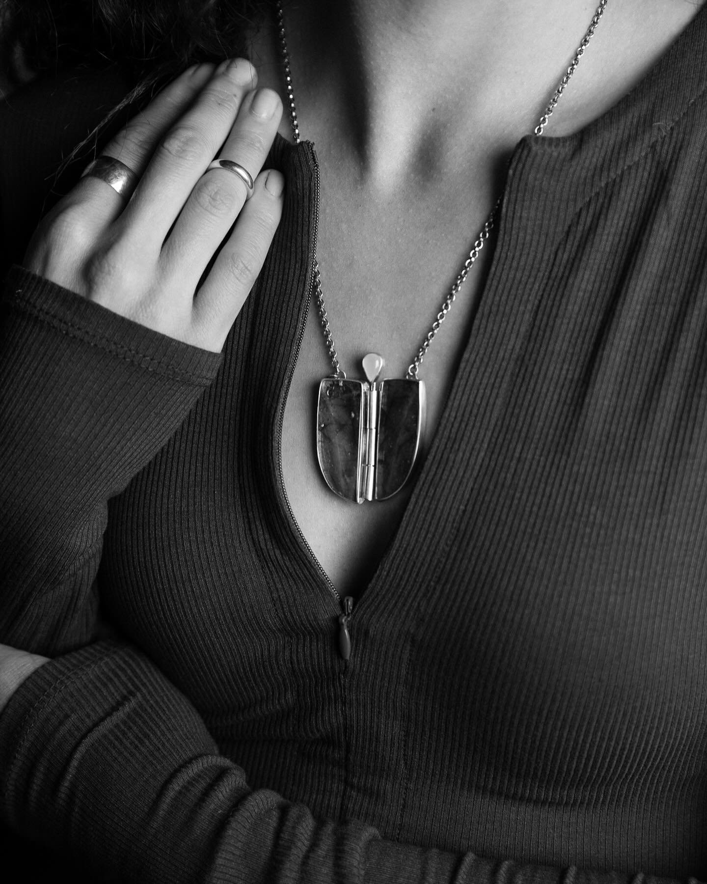 In B&amp;W to showcase the mechanics //
&bull;
I just really love these! I loved making them, and I really love wearing them. While I adore the stones from the necklaces, I think my favorite part is their functionality with the pin clasp in the front