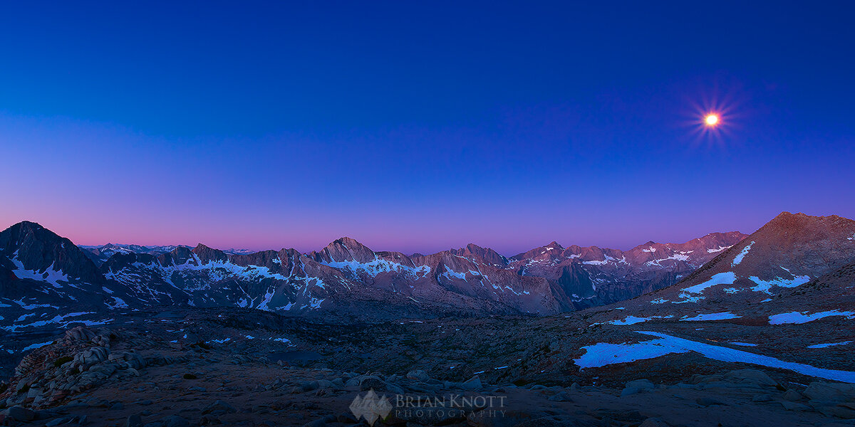 Sunrise and Moon set from 11,000 feet above the Dusy Basin, Ca.