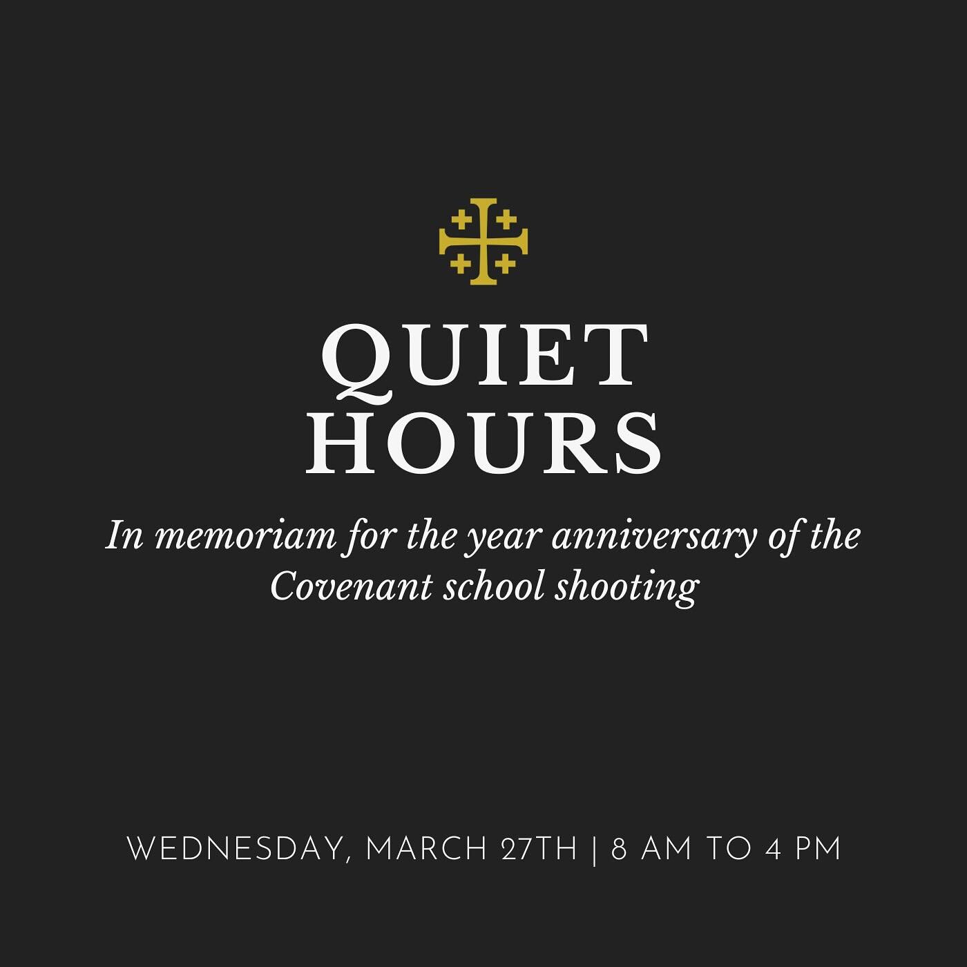 Wednesday, March 27th marks the year anniversary of the Covenant School shooting. We will be opening up the sanctuary between 8 AM to 4 PM for a space of quiet prayer and contemplation, lamenting the&nbsp;continued violence in our world and rememberi