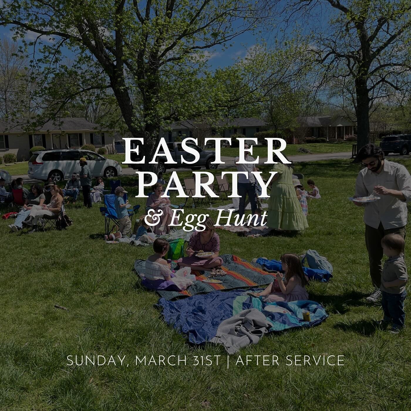 Join us for our Easter Party and Egg Hunt immediately after the Sunday morning service! The party will be held at Harpeth Knoll Park, just a short walking distance from the church. This will be potluck style, so bring a dish to share, a side, salad, 