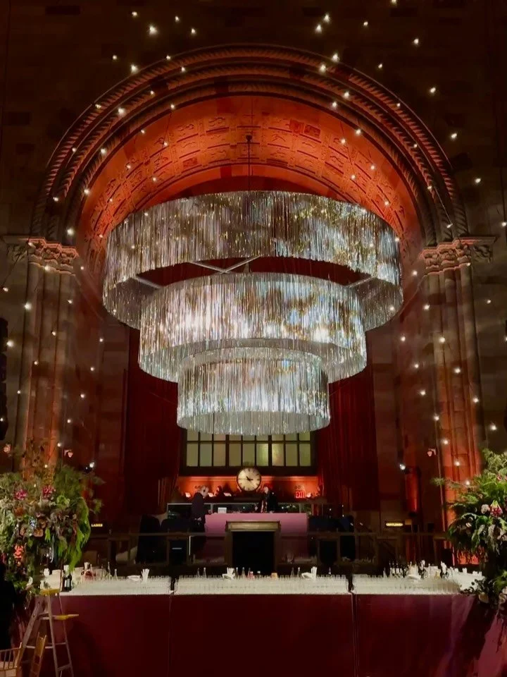 Apr&eacute;s Ski...but add a dose of nostalgia. From the larger than life custom tinsel chandelier, to the chic statement florals and vintage glam accent decor...we were feeling all the cozy vibes