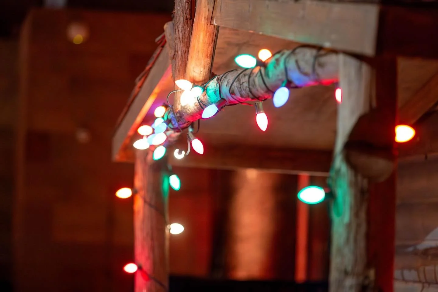 Our full-sized log cabin prop got a heavy dose of holiday cheer for our final event of the season! From yards of vintage incandescent bulbs and Adirondack chairs with cozy shearling fleece to the throwback tinsel wreath with vintage velvet bows...thi