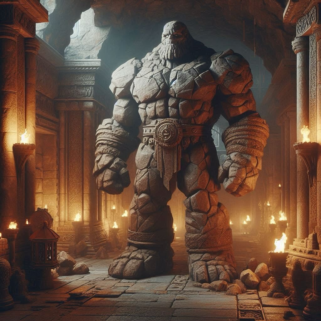 Rock golems are magical constructs cut and chiseled from stone to appear as tall, impressive statues. Like other golems, they are nearly impervious to spells and ordinary weapons, which makes them ideal for protecting valuable treasures over centurie