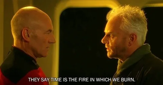 The Star Trek Film &ldquo;Generations&rdquo; has a lot to like about it. It was the official &ldquo;Passing of the torch&rdquo; between TOS and TNG. It maintained the tone of TNG, but it felt more &ldquo;Grand&rdquo;. 

One scene, and one line in par