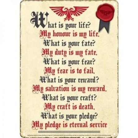 Taking another shot at playing Space Marine II. (First attempt got derailed by life). 
I&rsquo;ve always been fascinated by fictional oaths such as &ldquo;The Litany Against Fear&rdquo; and &ldquo;The Gunslinger Motto&rdquo;. 
Maybe it has something 