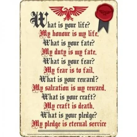 Taking another shot at playing Space Marine II. (First attempt got derailed by life). 
I&rsquo;ve always been fascinated by fictional oaths such as &ldquo;The Litany Against Fear&rdquo; and &ldquo;The Gunslinger Motto&rdquo;. 
Maybe it has something 