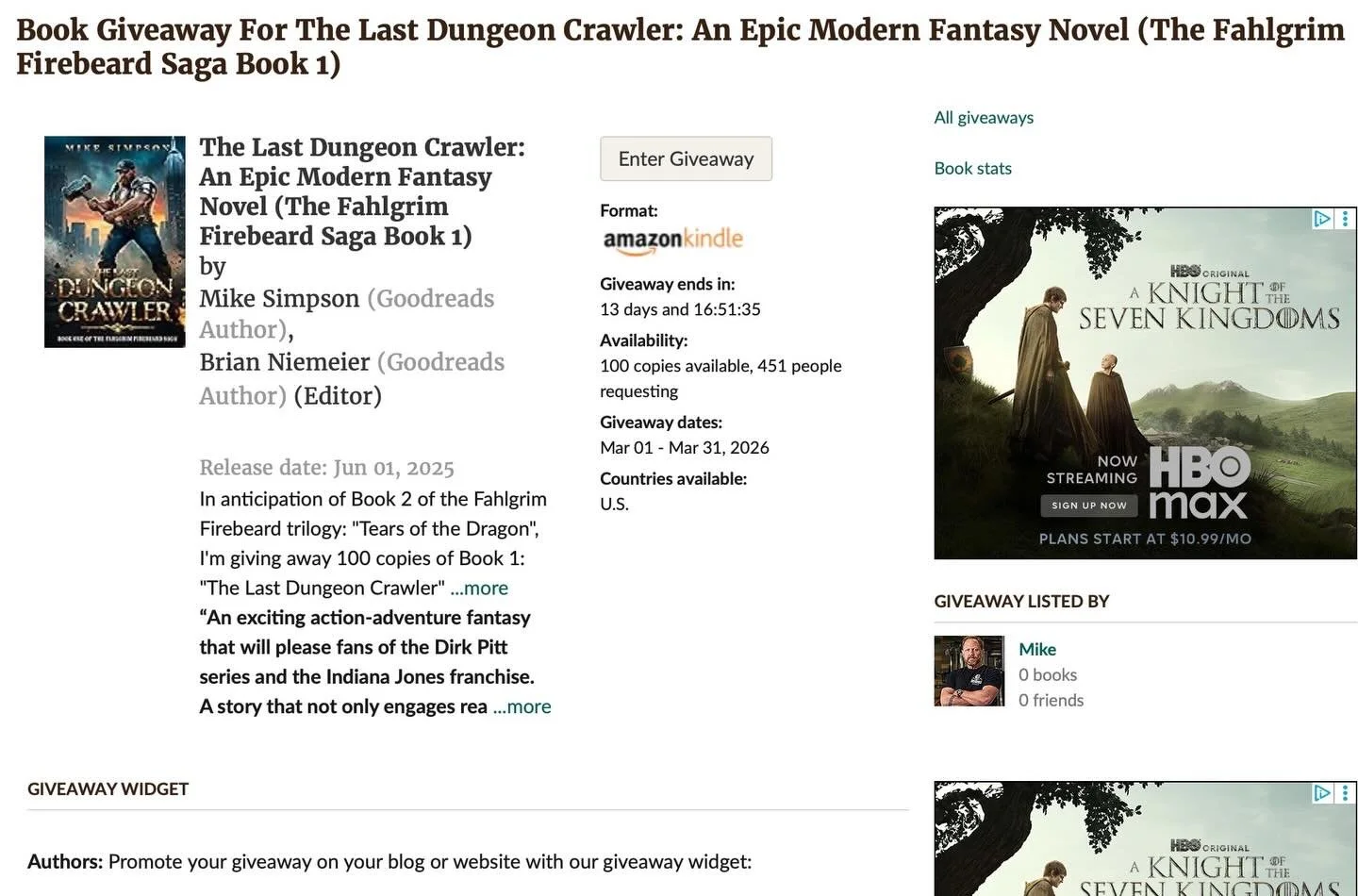 Ramping up to the release of Book Two of the Fahlgrim Firebeard Saga, I am giving away 100 FREE COPIES of Book One: &ldquo;The Last Dungeon Crawler&rdquo;. 
Follow the link in my bio to enter for a chance to win! #goodreads #goodreadsgiveaway #fantas