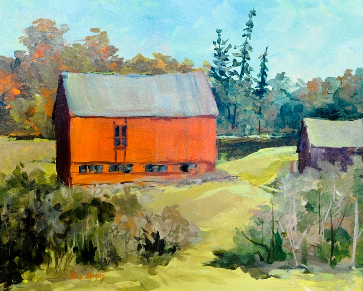 “Barns on a Hill” Acrylic painting by Bob Brophy