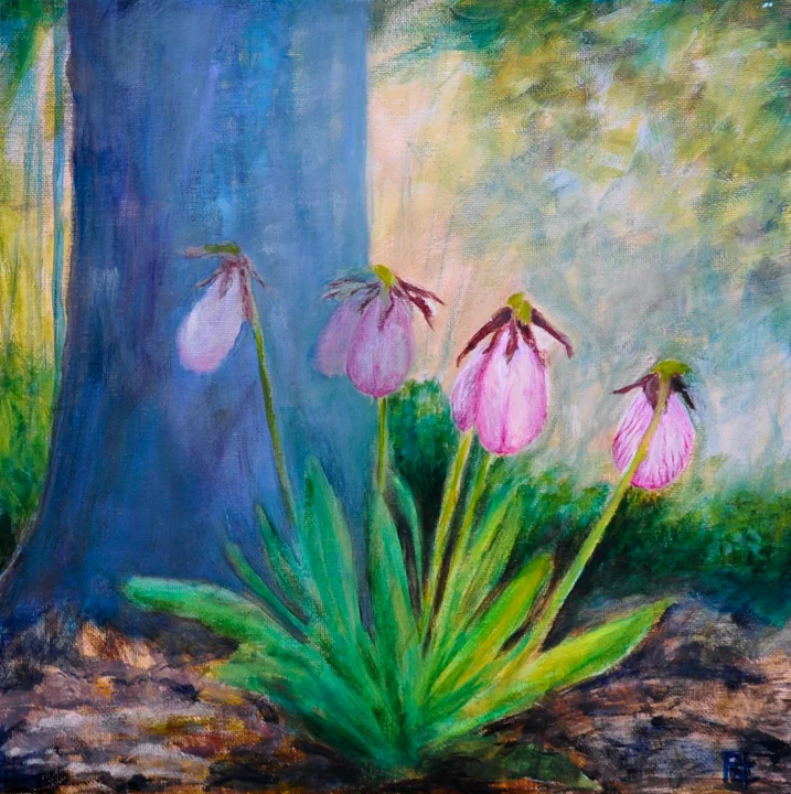 “Lady’s Slippers” acrylic painting by Pat Piscopo