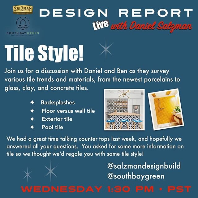 Tomorrow we are going live to talk Tile with @salzmandesignbuild and @pamelasalzman 
We will be looking at all applications, flooring, walls, shower, kitchen, inside and outside. 
Tune in, or send your questions now and we will answer them live. 
Fea