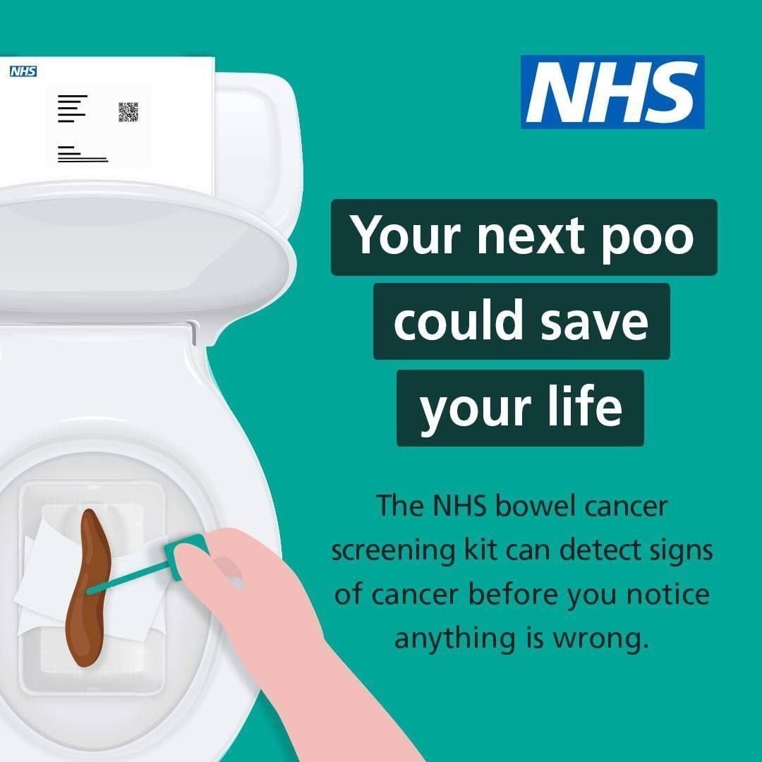 If you're 56-74 and registered with a GP in England, the NHS will send you a bowel cancer screening kit.

Catching bowel cancer early reduces your chances of getting seriously ill or dying. So put it by the loo. Don't put it off. 

Find out more nhs.
