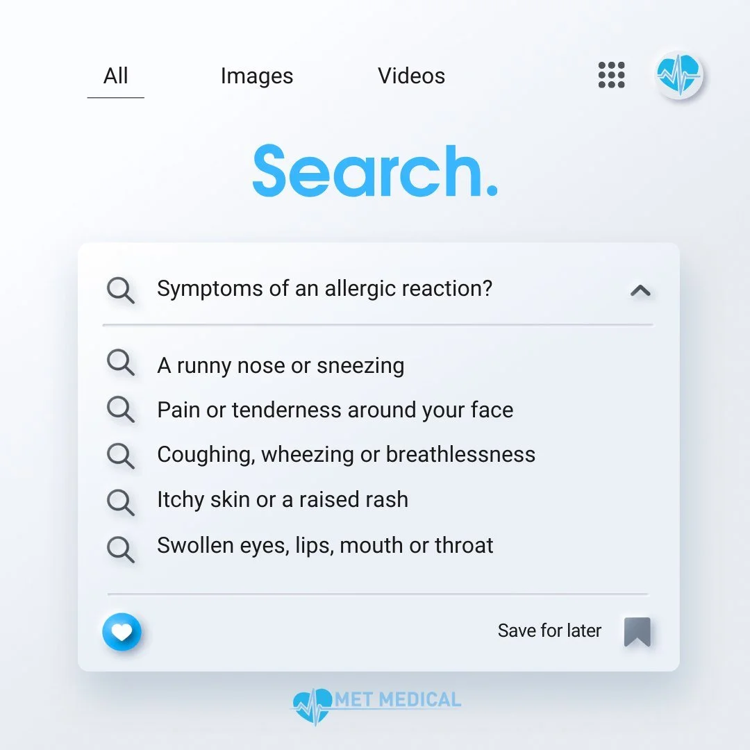 Symptoms of an Allergic Reaction &ndash; know the signs ⬇️

Runny nose or sneezing

Coughing, wheezing, or breathlessness

Itchy skin or a raised rash

Swollen eyes, lips, mouth, or throat

Pain or tenderness around your face

⚠️ If symptoms worsen o