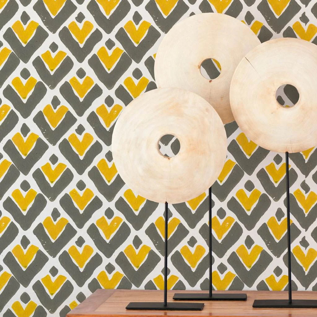 Aim High Hand Block Printed Wallcovering in Saffron (yellow, gray) | by Sarah and Ruby | Bold, graphic feature wall.