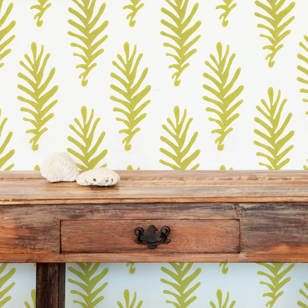 Don't Leave Me in Citron (lime green) | Hand-block print wallpaper by Sarah & Ruby | Gorgeous modern, yet organic feeling, feature wall.