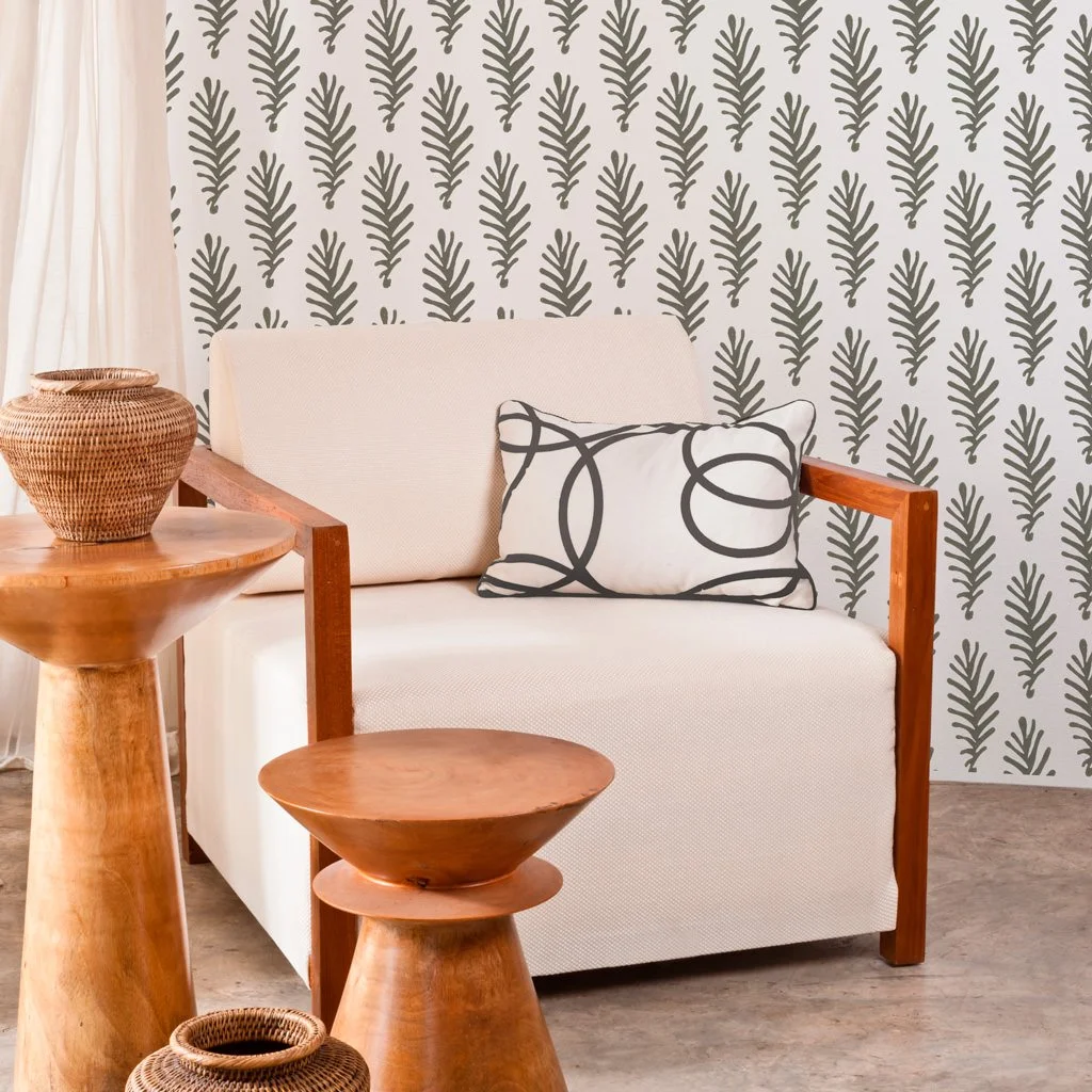 Don't Leave Me in Stone (gray) | Hand-block print wallpaper by Sarah & Ruby | Living room feature wall.