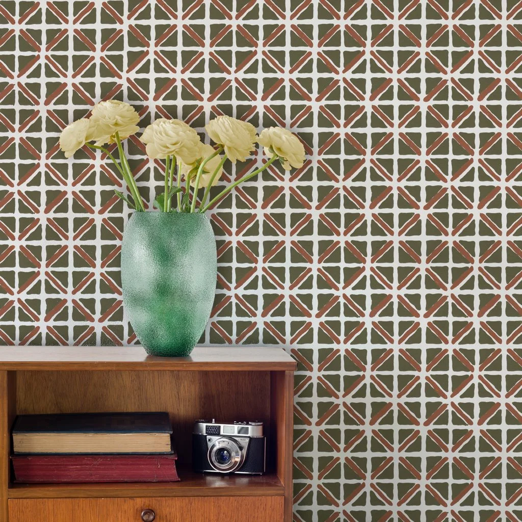 On Track in Chocolate (brown) | Hand-block print wallpaper by Sarah & Ruby | www.sarahrubydesign.com | Wallcovering in living room or den.