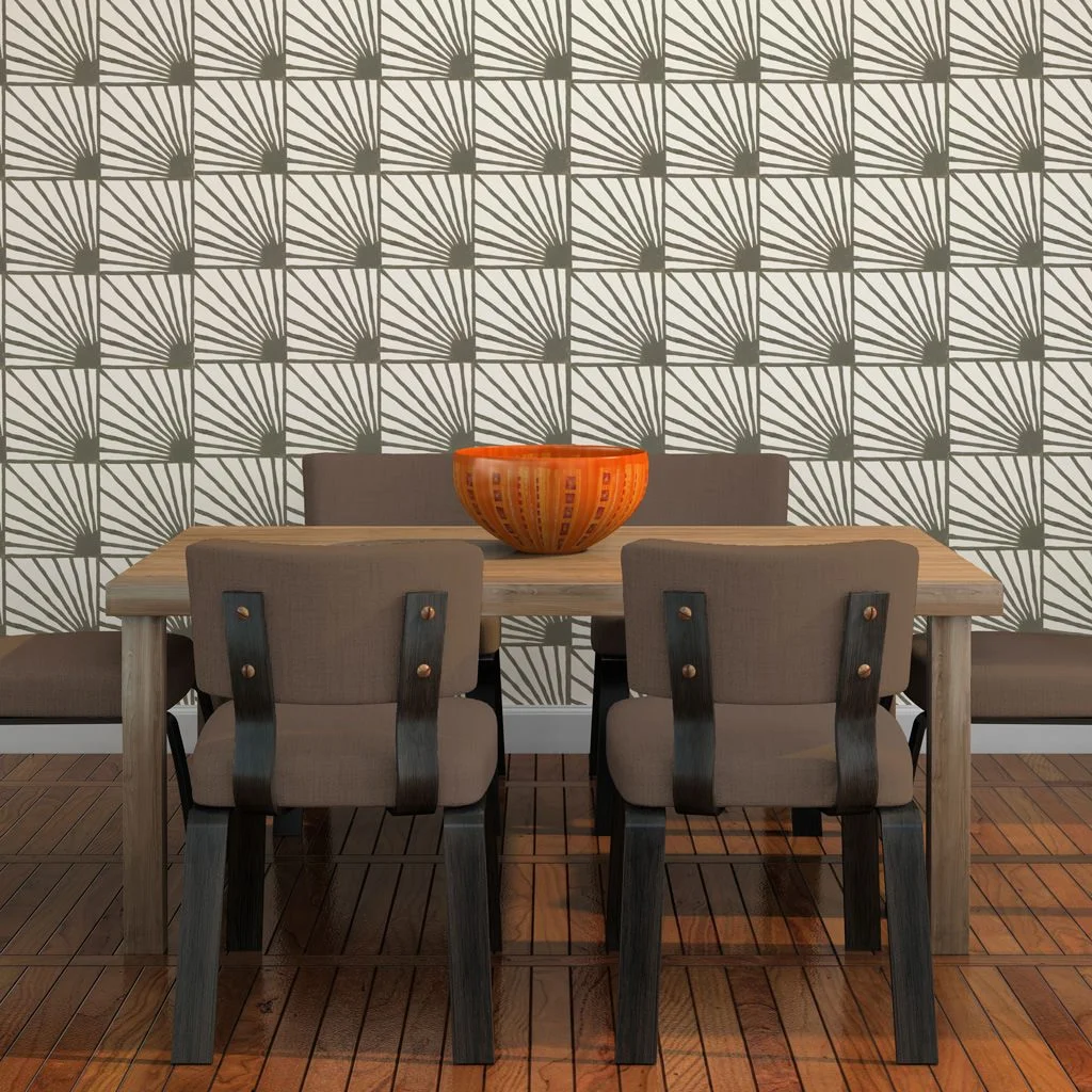 Catch Some Rays in Stone (gray) | Hand-painted wallpaper by Sarah & Ruby | www.sarahrubydesign.com | Wallcovering used in dining room for feature wall.