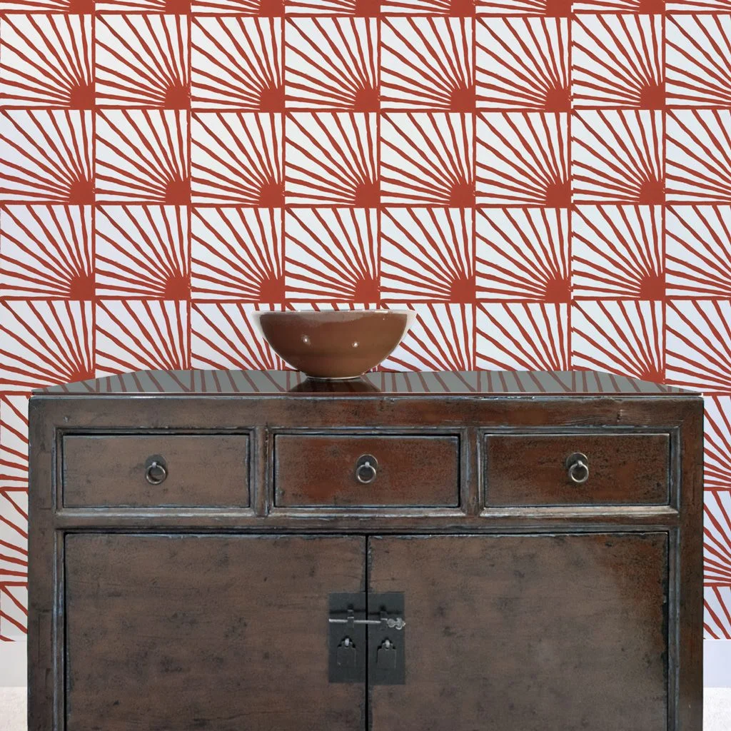 Catch Some Rays in Cayenne (red) | Hand-painted wallpaper by Sarah & Ruby | www.sarahrubydesign.com | Striking feature wall in entry, hallway, bedroom, living room.