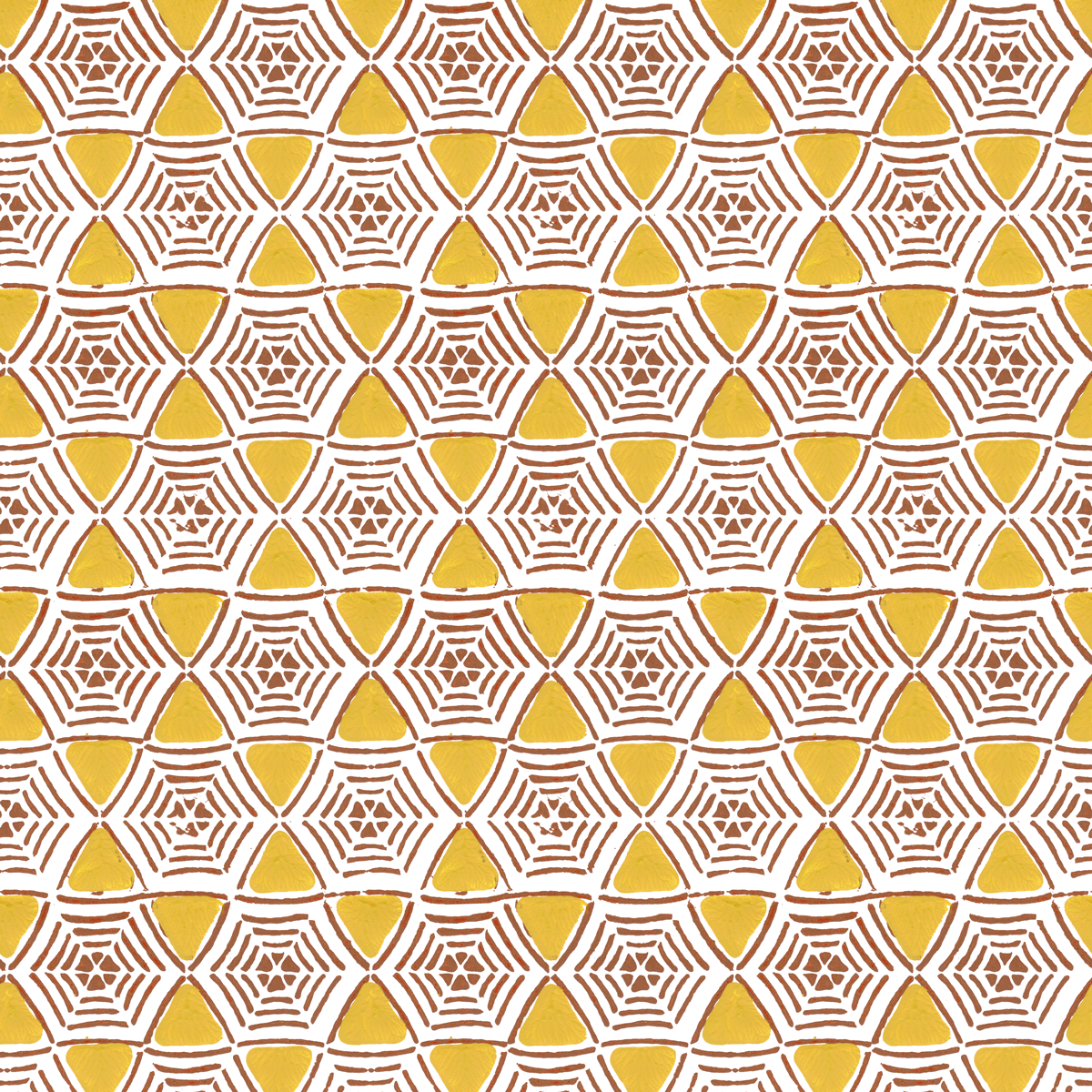 Caught In My Web in Saffron (yellow) | Hand-printed wallcovering by Sarah & Ruby | www.sarahrubydesign.com | Handmade with traditional techniques. Graphic, modern design.
