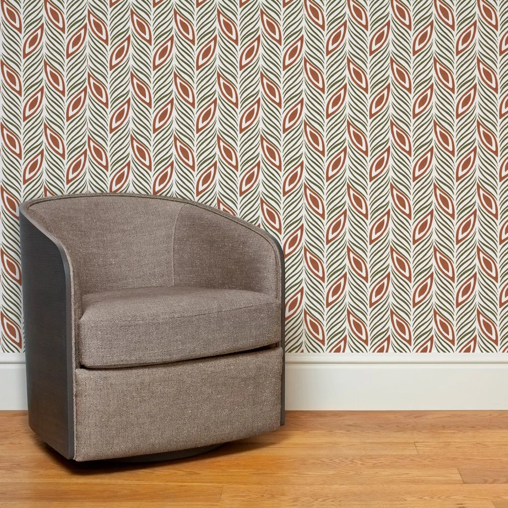 Strut Your Stuff | Hand-block print wallpaper by Sarah & Ruby | www.sarahrubydesign.com | Wallcovering used in living room.