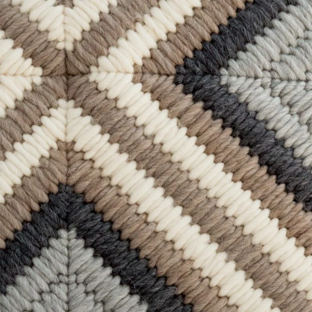Detail of hand needlepoint stitching on Gray Cross Textured cushion.