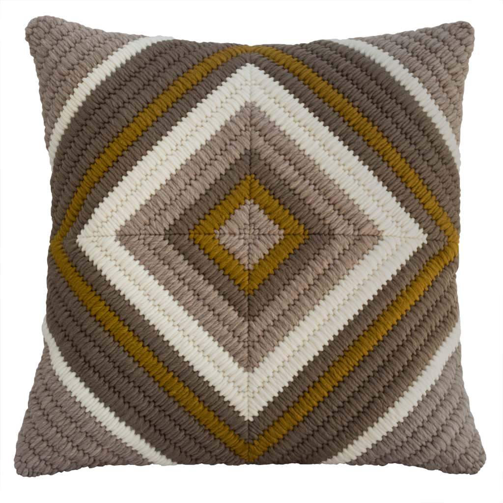 Hand stitched throw pillow in Diamond pattern. Cream, Soft Brown, Ochre. 20"x20".