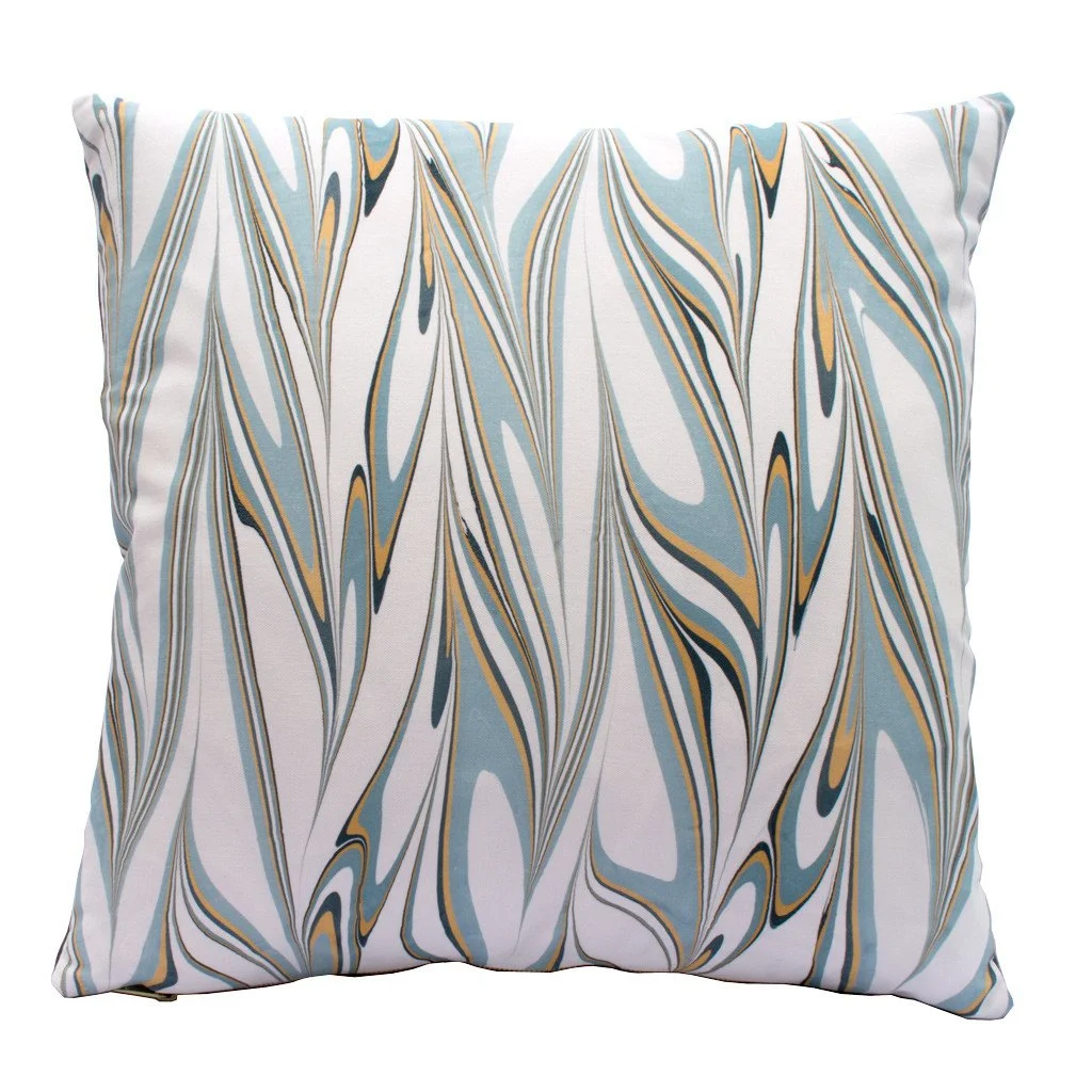 Hand marbled pillow in Ice (blue, peach). 20in x 20in. By Sarah and Ruby.