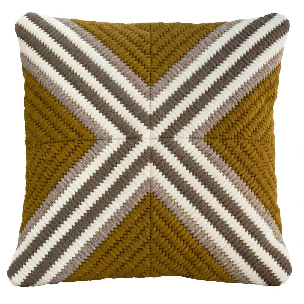 Textured modern needlepoint throw pillow in ochre (gold) cross pattern. Hand made. 20"x20"