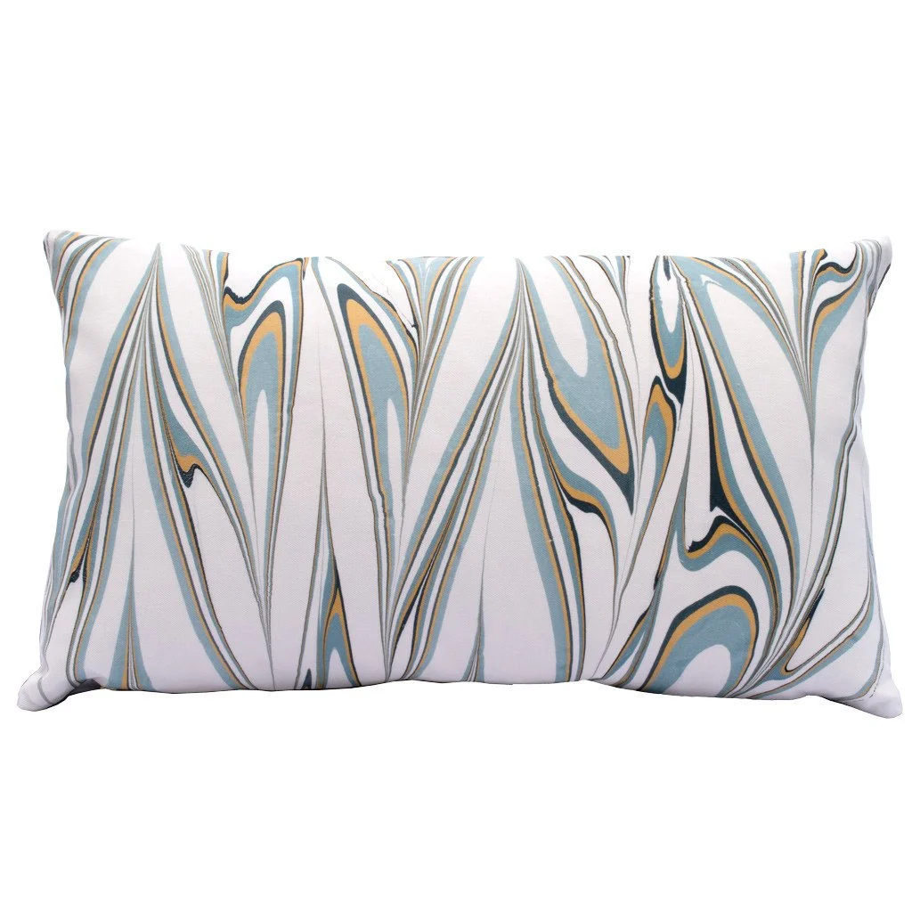 Hand marbled pillow in Ice (blue, peach). 20in x 12in. By Sarah and Ruby.