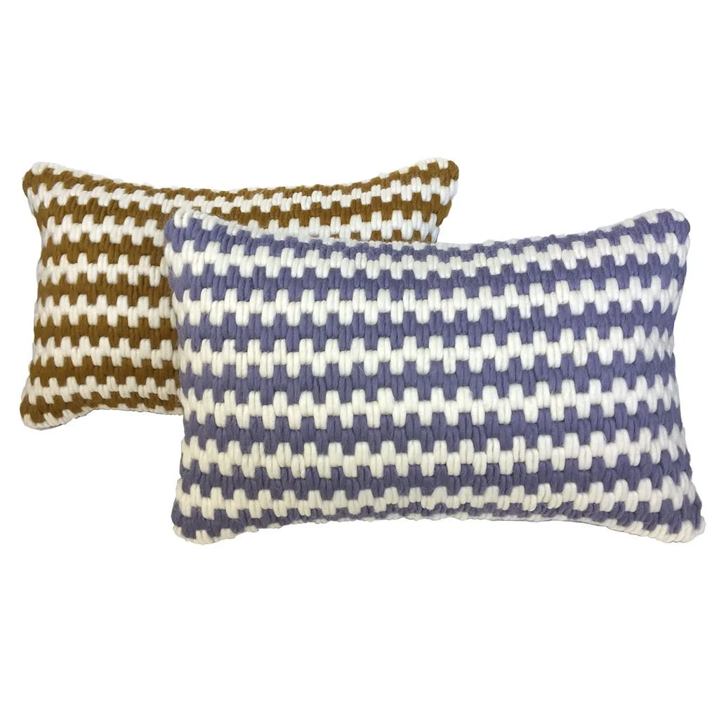 Super soft artisan made hand-stitched textured pillows in lavender stripe and ochre stripe.
